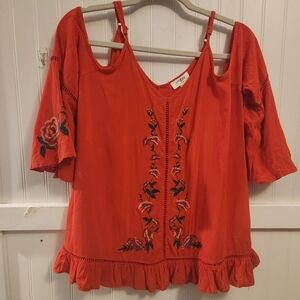 Umgee Coral Embroidered Blouse